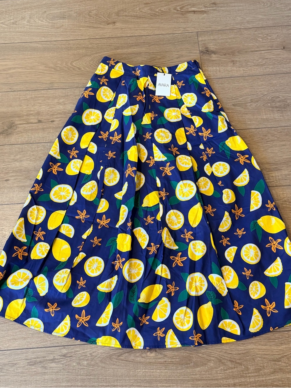 AVARA Navy Lemon Print Maxi Skirt